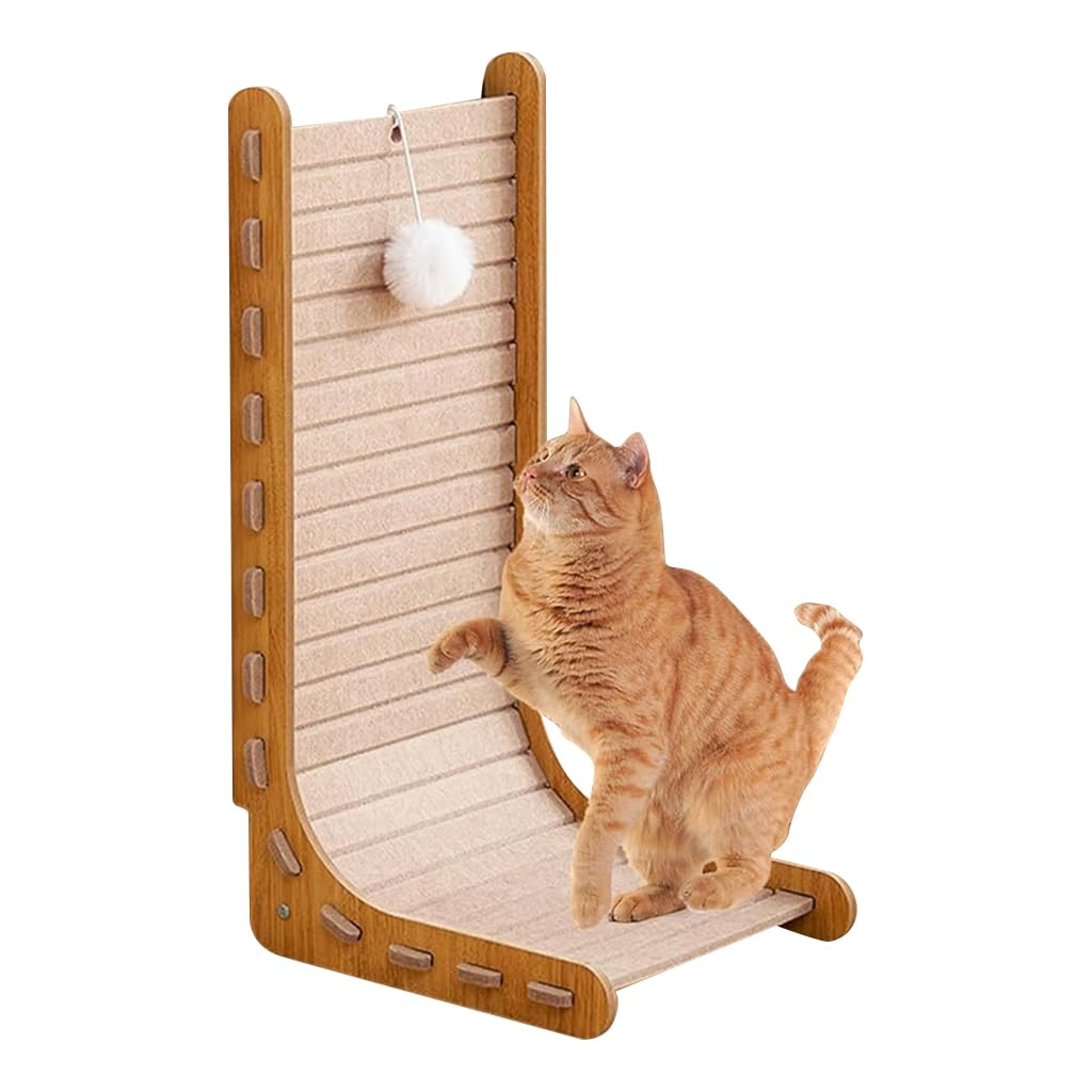 Qpets Cat Scratch Post for Furniture Protection with L Shaped Wooden Frame 30x33x60cm | Felt Surface and Plush Teasing Ball