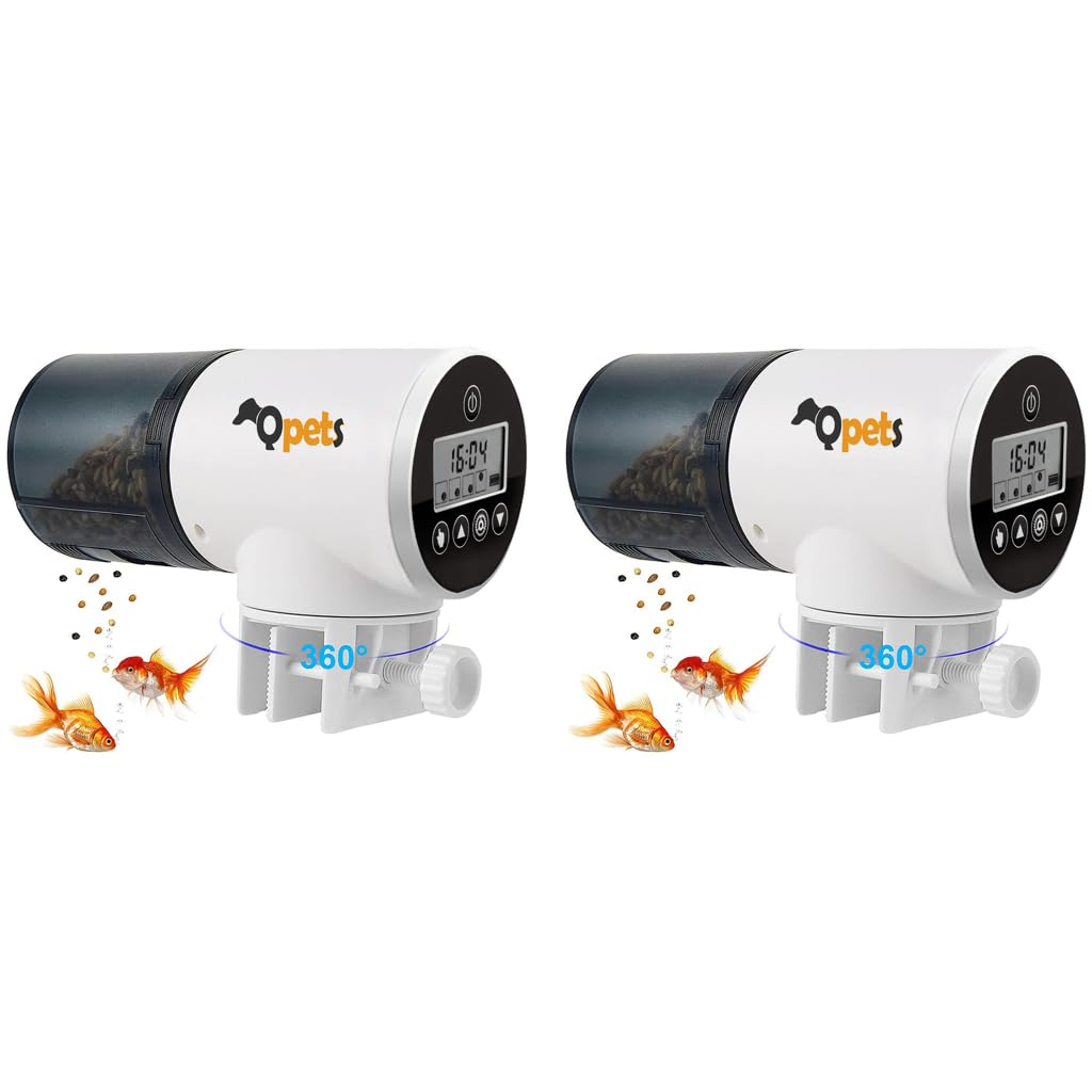 Qpets Automatic Fish Feeder for Aquariums and Ponds featuring 0.8L Container & 360° Mount | 2 PCS