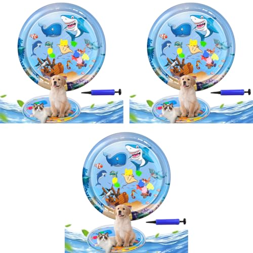 Qpets® Cat Water Bed Mat Summer Cooling Pet Bed with Air Pump Anti-Scratch Thicken PVC Built-in Fish Ornaments for Interactive Toy Play for Indoor Outdoor Repair Subsidy 3 PCS