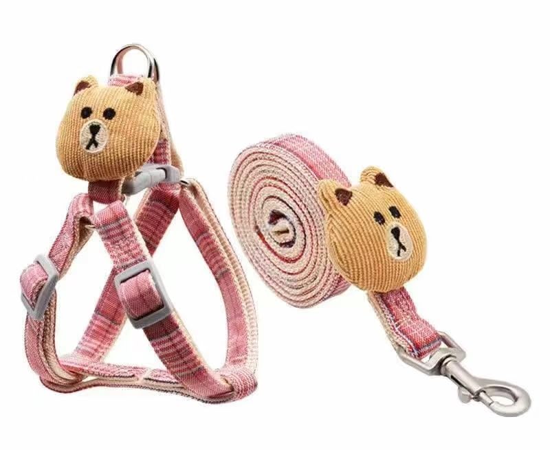 Qpets® No-Pull Dog Harness and Leash Set with Cartoon Bear Charm - Adjustable Pink Checked Pattern Vest Harness with Swivel Clasp & Dual D-Rings 1.2m Tangle-Free Design for Medium Dogs (M)
