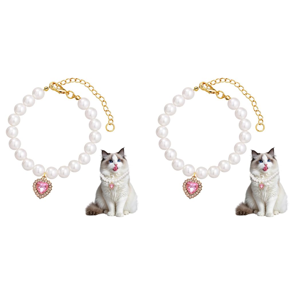 Qpets Jewelry Cat Collar for Pets featuring Pink Rhinestone Heart Charm and Pearls 30–35 cm