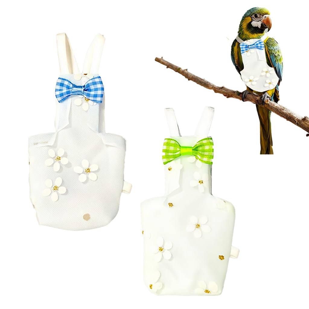 Qpets® Parrot Diaper Flight Suit for Small Birds, 2 Pcs Bird Clothes with Floral Print & Checked Bow, Reusable & Washable Breathable Polyester Bird Diaper for Cockatiel, Conure, Lovebird, Parakeeta