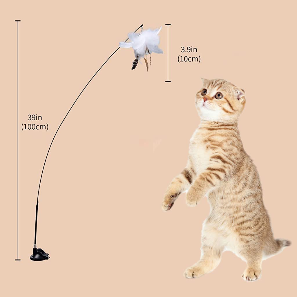 Qpets Interactive Cat Wand Toy for Indoor Play with 100cm Pole and Detachable Suction Cup | Eco-Friendly Feather Teaser