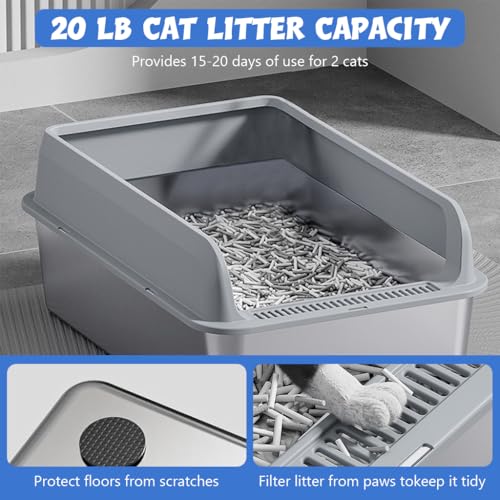 Qpets® Cat Litter Combo – Double Layer Waterproof Litter Mat (40x60cm) & Open Top Stainless Steel Litter Box with Scoop, 4 Non-Slip Mats, Odor Control, Easy Clean for Cats under 10kg (Grey)