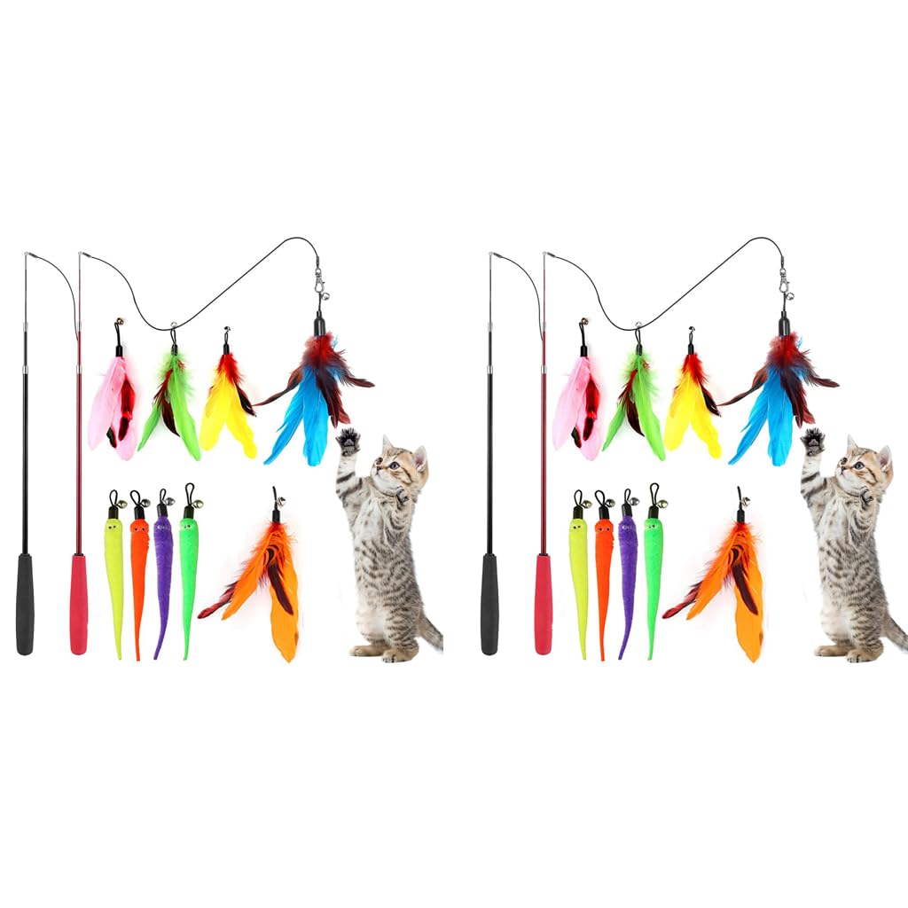 Qpets Cat Teaser Toy Set for Play and Exercise with 2 Retractable Wands and 22PCS Accessories