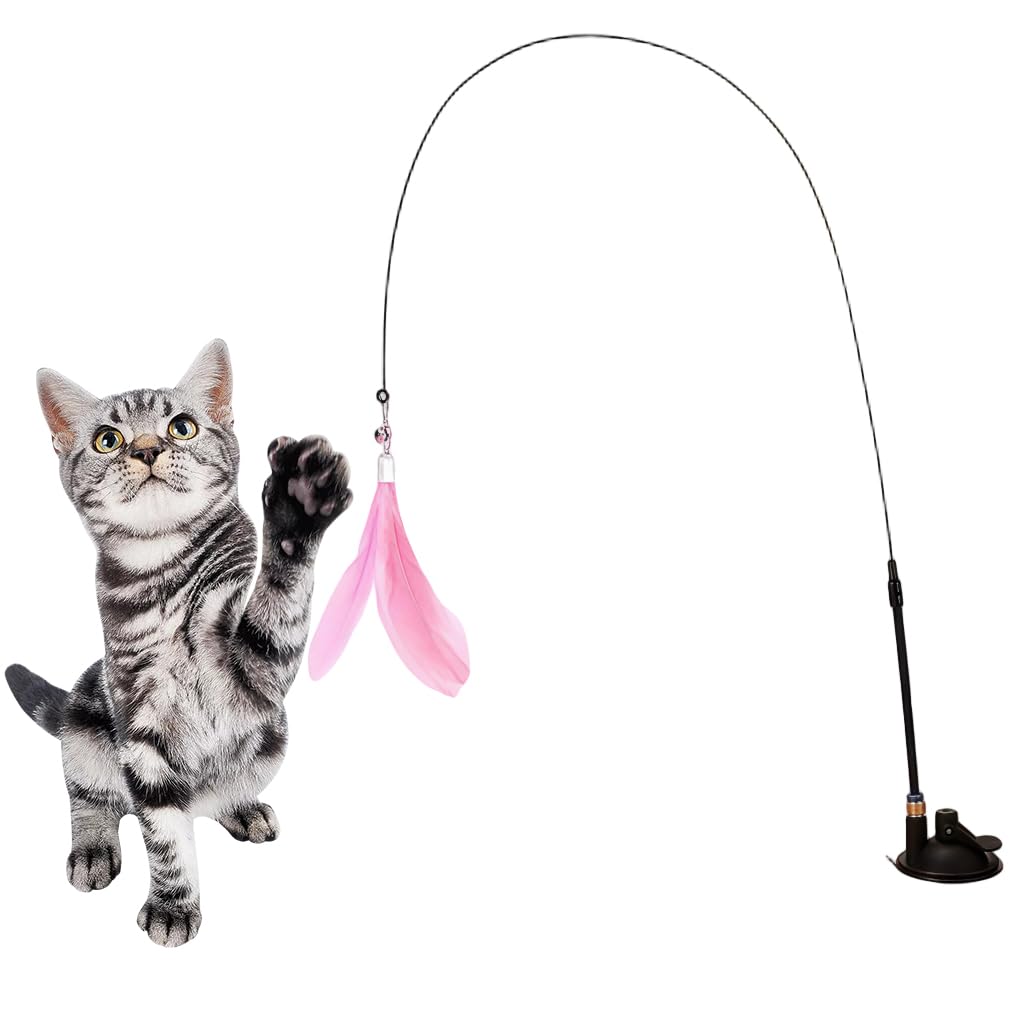 Qpets Cat Toys for Indoor Play with Suction Cup Base and Fiberglass Teaser Wand | Pink Feather Attachment