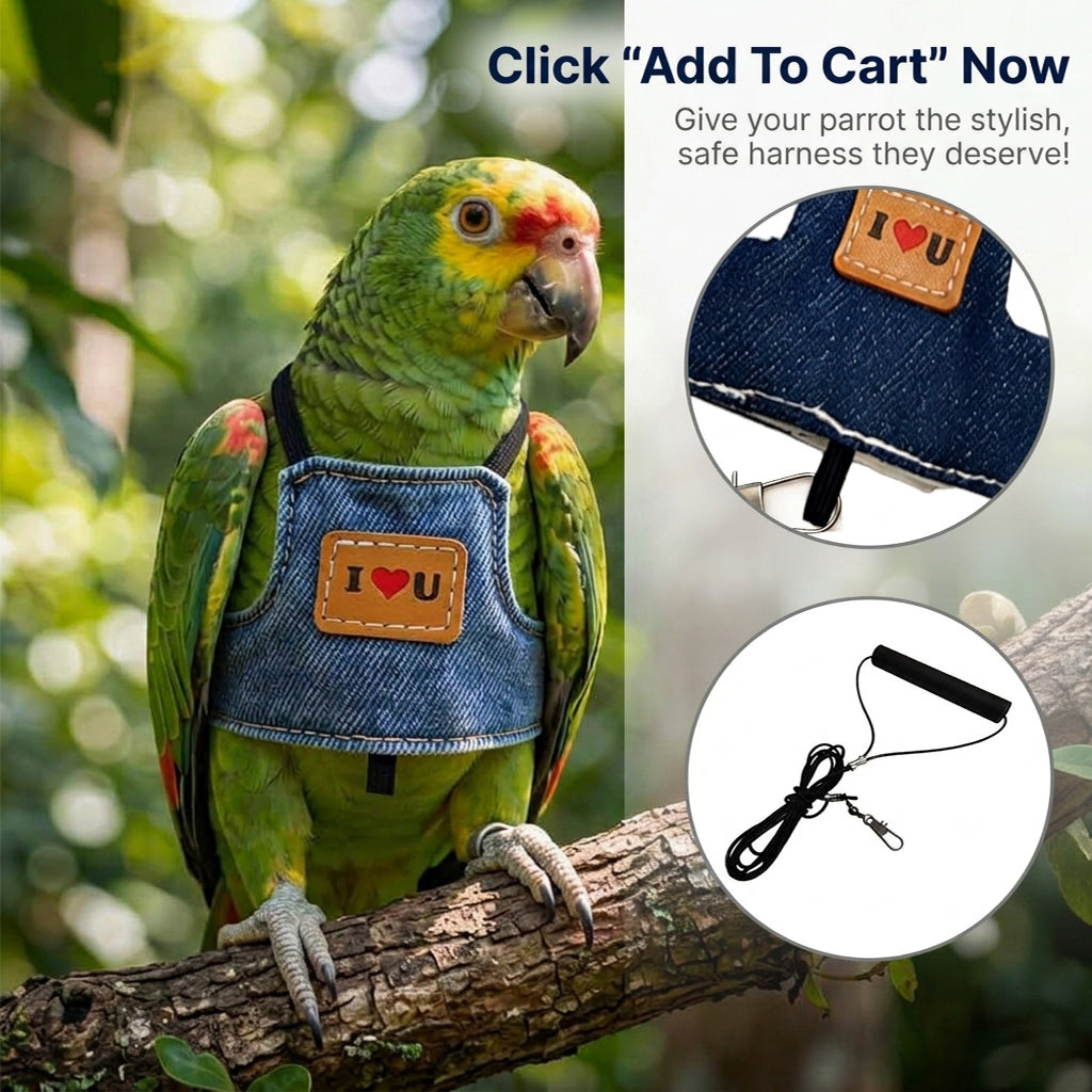 Qpets Bird Flight Harness with Leash, M, 20cm Back Girth, Denim Vest for Medium Parrots