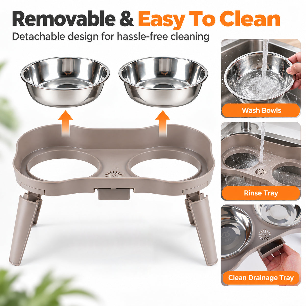 Qpets Elevated Dog Bowl Stand, Size L, Two Stainless Steel Bowls, Drip Tray and Non-Slip Base