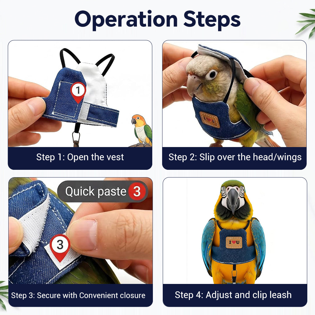 Qpets Bird Flight Harness with Leash, M, 20cm Back Girth, Denim Vest for Medium Parrots