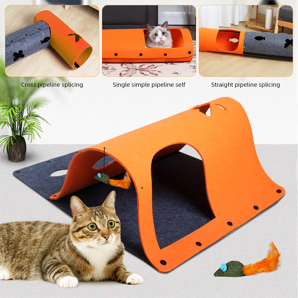 Qpets® Felt Cat Tunnel Cat Toy Set of 2 Pieces Freely Assemble Felt Transformable Cat Tunnel Cut Out Felt Hide Cave, 52x70cm Per One