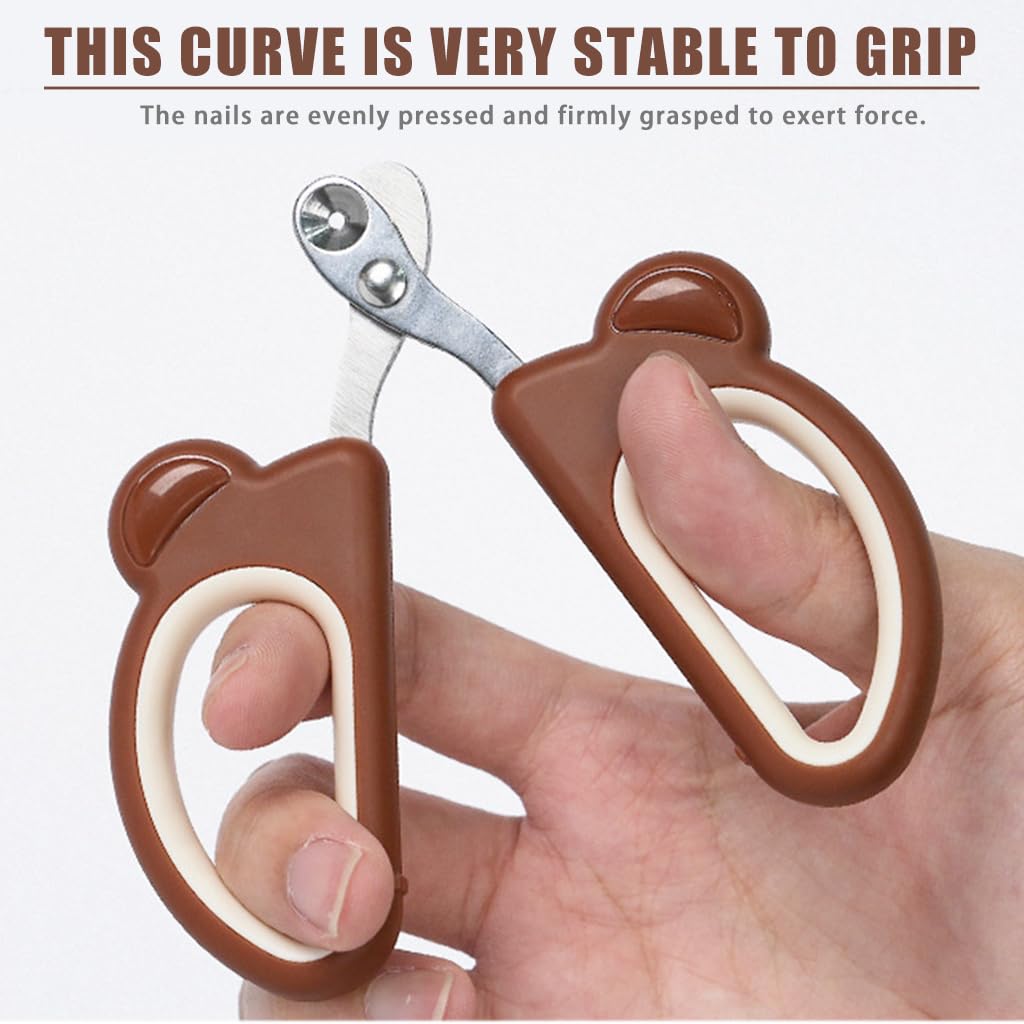 Qpets® Cat Nail Cutter for Persian Cats - Cute Bear Handle Design, Stainless Steel Trimmer with Crescent Blade & 2mm Hole, Brown Portable Nail Clipper for Small Pets Grooming (2Pcs)
