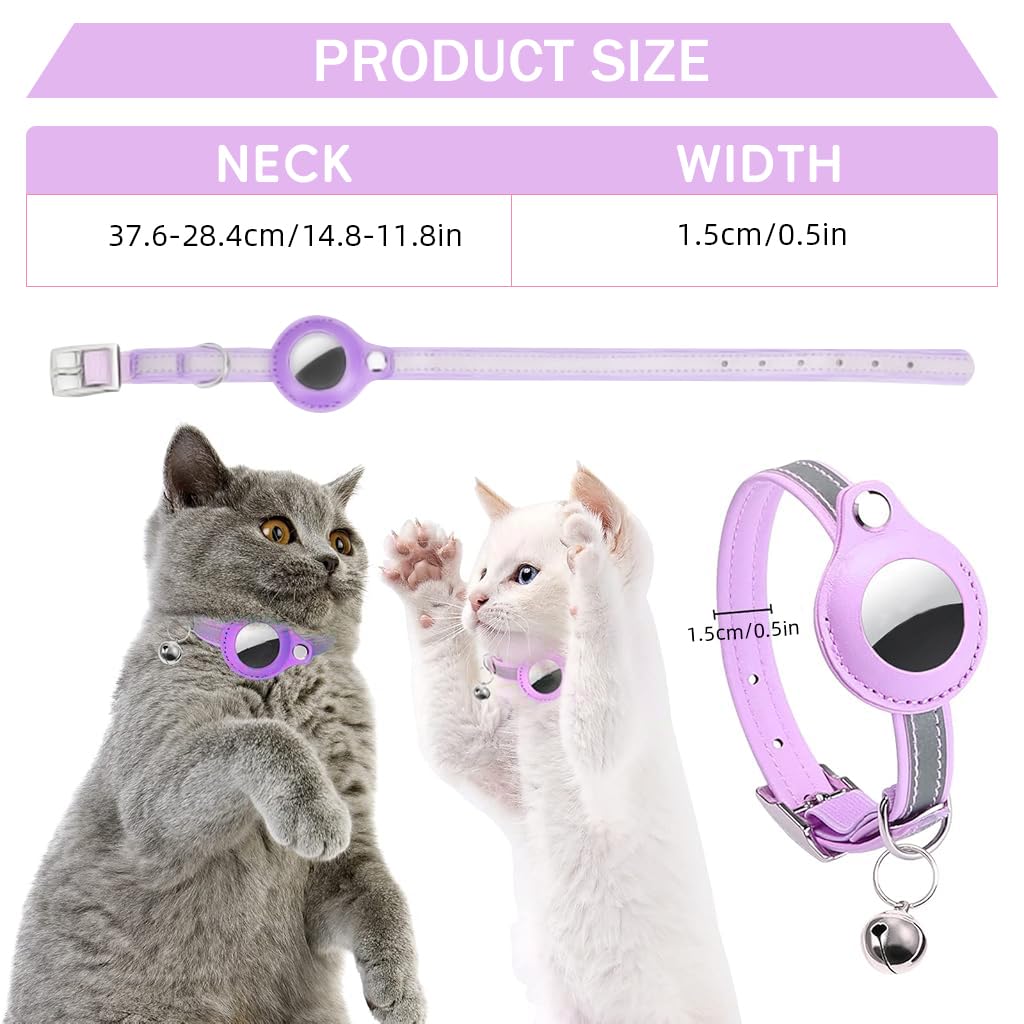 Qpets Airtag Compatible Cat Collar for 9.3–12 in Necks with Reflective Safety Design | Purple PU Adjustable Anti Lost Holder