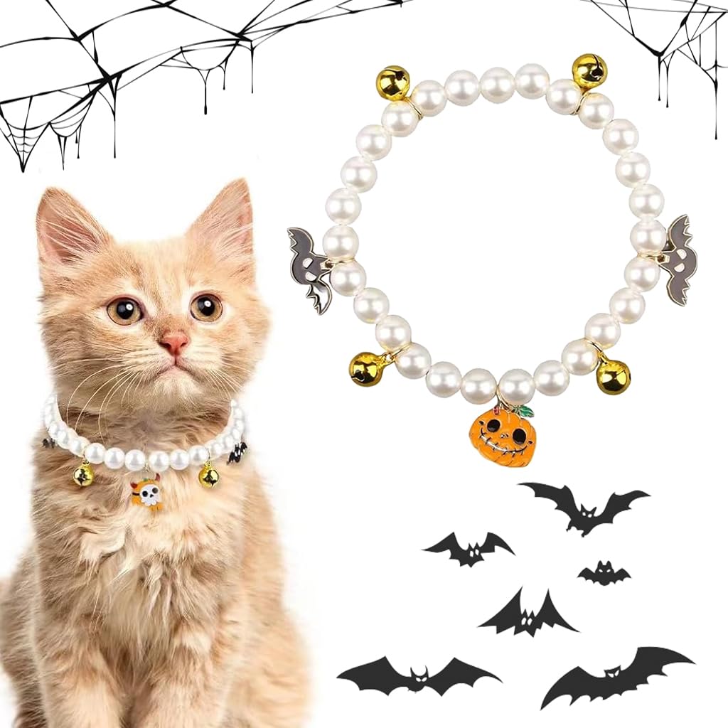 Qpets Halloween Cat Collar Necklace with Pearl Beads and Bells for Small Pets 22cm | Pumpkin Charm Design