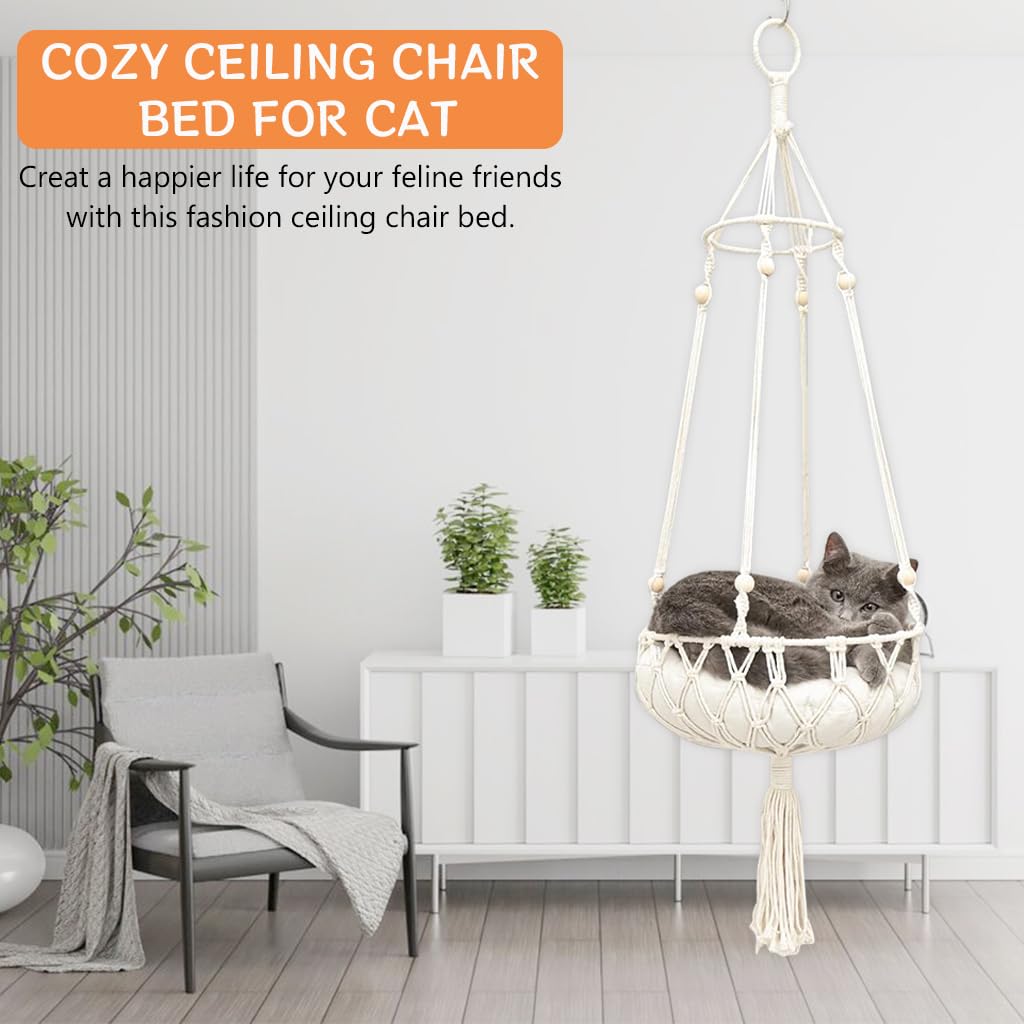 Qpets Ceiling Chair for Cat with Soft Cushion and 47.2 in Hanging Design | Boho Woven Bed