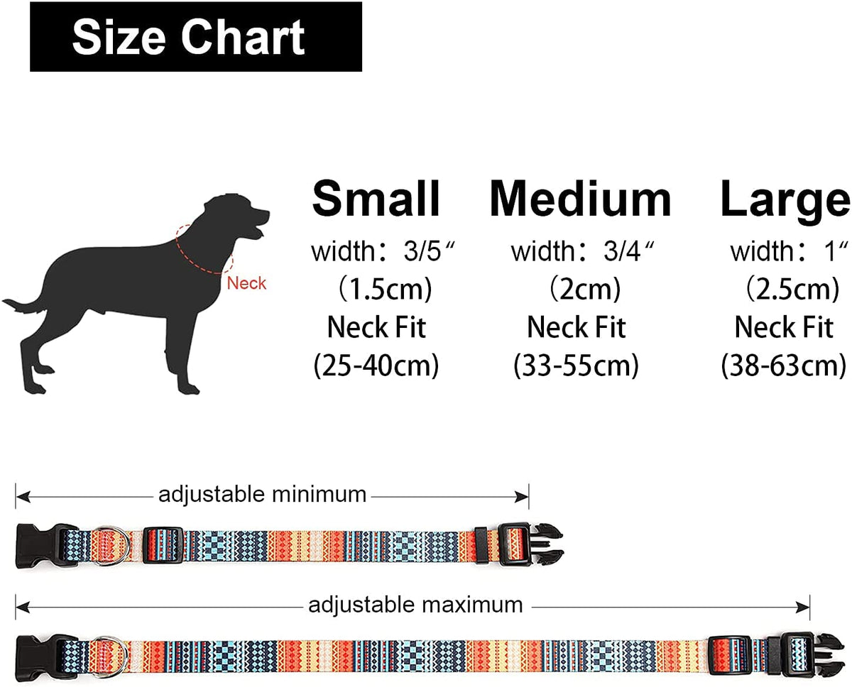 Qpets Dog Collar for Small Medium and Large Breeds with Safety Buckle & D Ring | 3 PCS Adjustable Nylon Patterned Set Size L 40 60cm