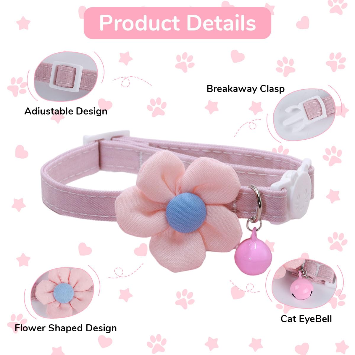 Qpets Cat Collar for Everyday Wear with Safety Buckle and Bell | Adjustable Pink Flower Design