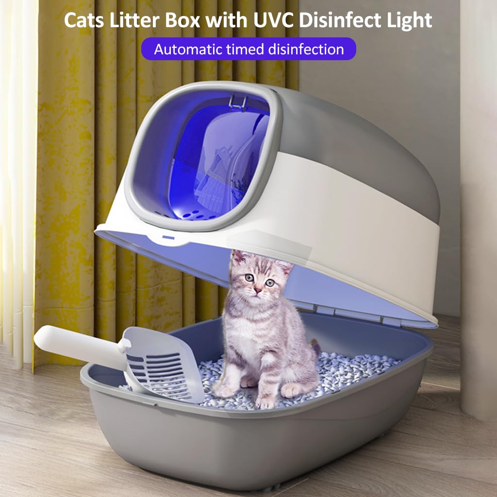 Cat Litter Box with UVC Disinfect Light Cats Litter Box Deodorization Box, Cat Litter Tray Auto Timing Disinfect, Large Splash-Proof Litter Box with Openable Lid, with Cat Litter Shovel