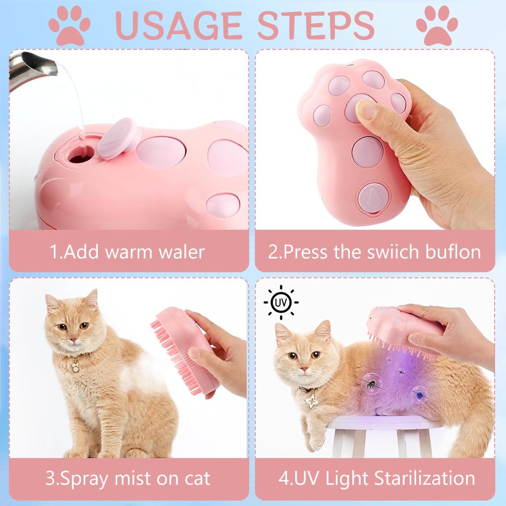 Qpets® Cat Steam Brush, Steam Brush for Cats and Dogs, Dog Steam Brush Steamy Pet Steam Hair Brush, 3 in 1 Dog Hair Brush Dog Comb with UV Sterilization Light (Pink)