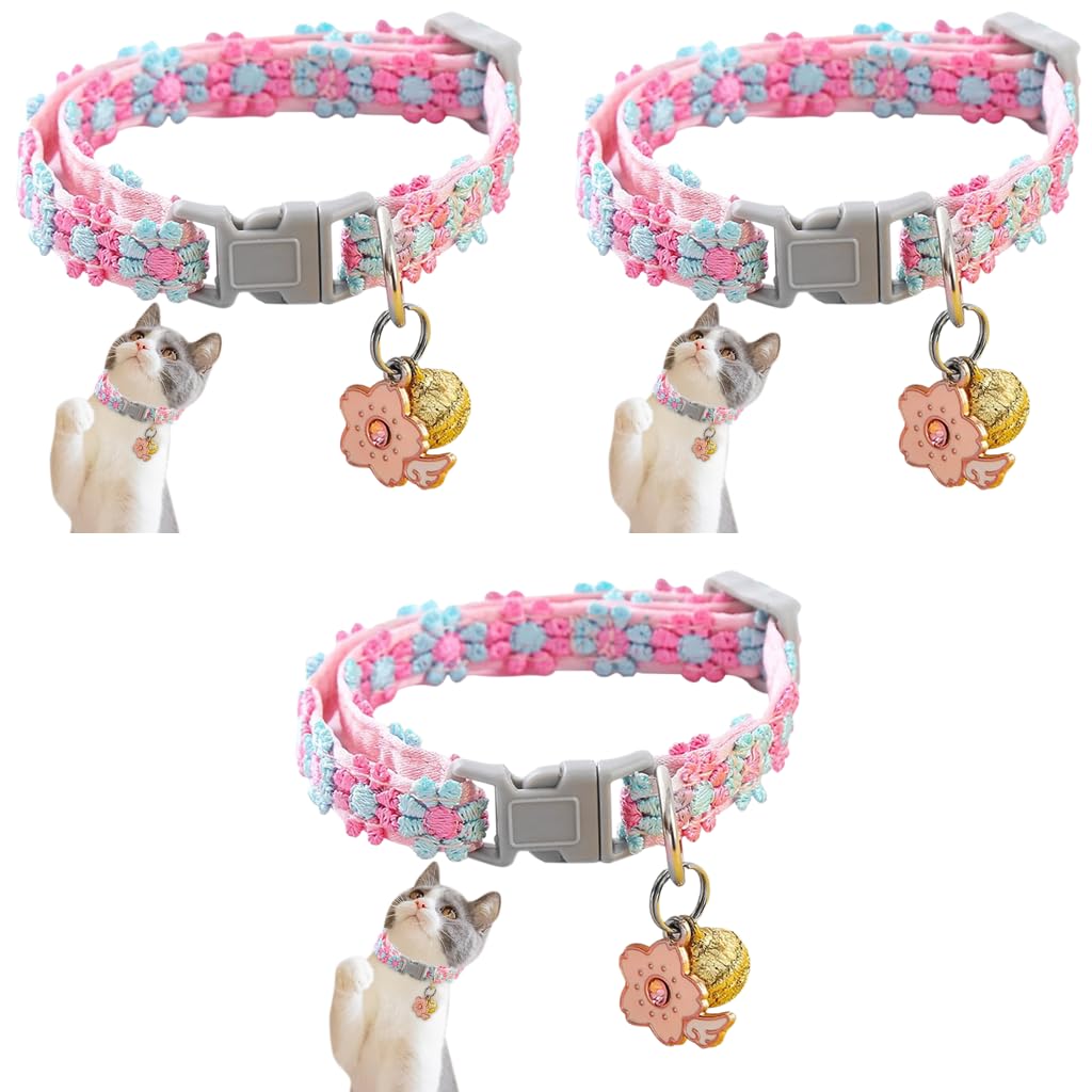 Qpets Cat Collar featuring Quick Release Buckle and Sakura Flower Charm | 3PCS Pink Set