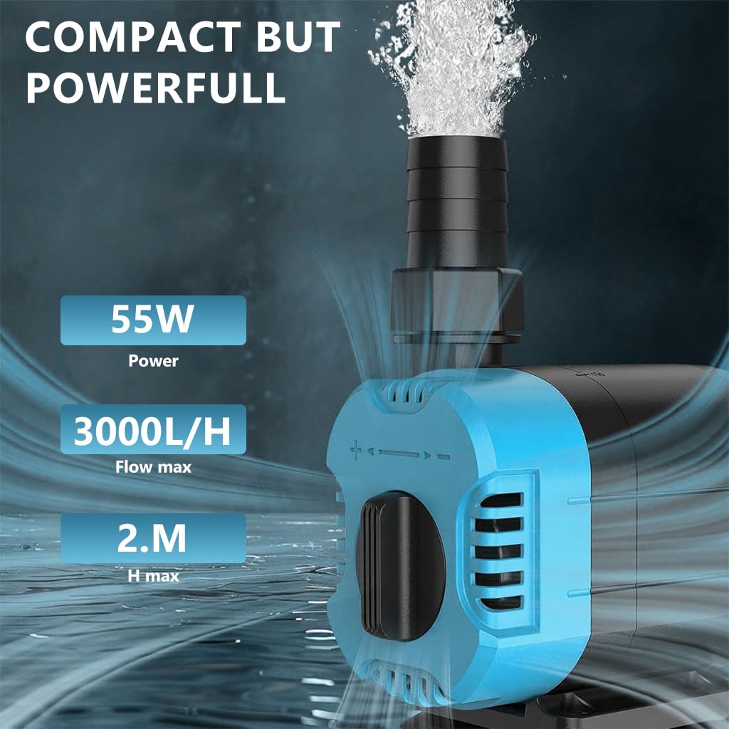 Qpets Submersible Water Pump for Aquariums and Ponds with 3000L/H 55W Motor | Adjustable Flow and Built-In Filtration