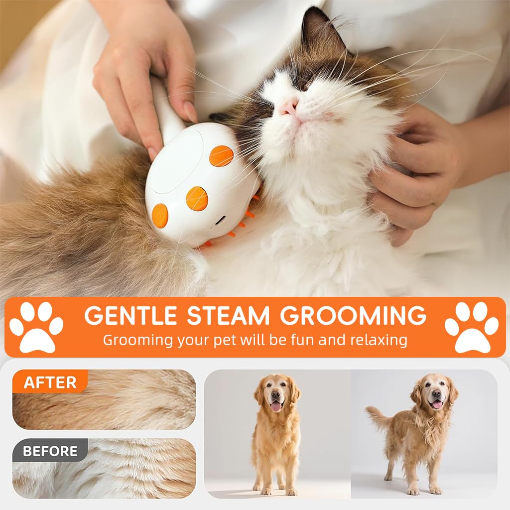 Qpets Pet Steam Hair Brush for Dogs and Cats with Self Cleaning Button and Ergonomic Handle