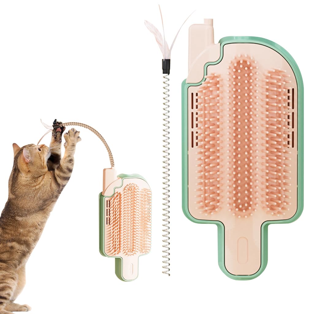 Qpets Cat Brush for Grooming and Play with Feather Wand | Wall Mounted Self Groomer Set