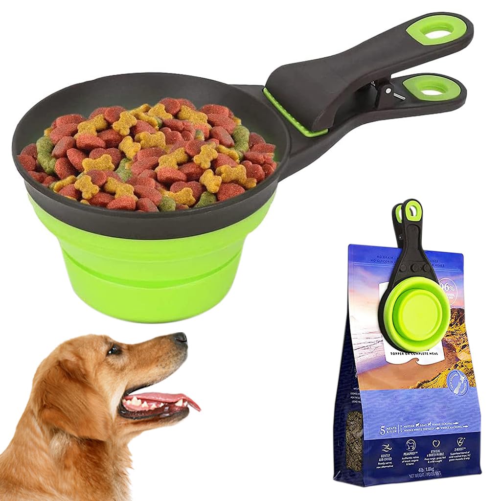 Qpets Silicone Dog Food Scoop for Feeding | 237ml Collapsible Bowl with Sealing Clip and Ergonomic Handle