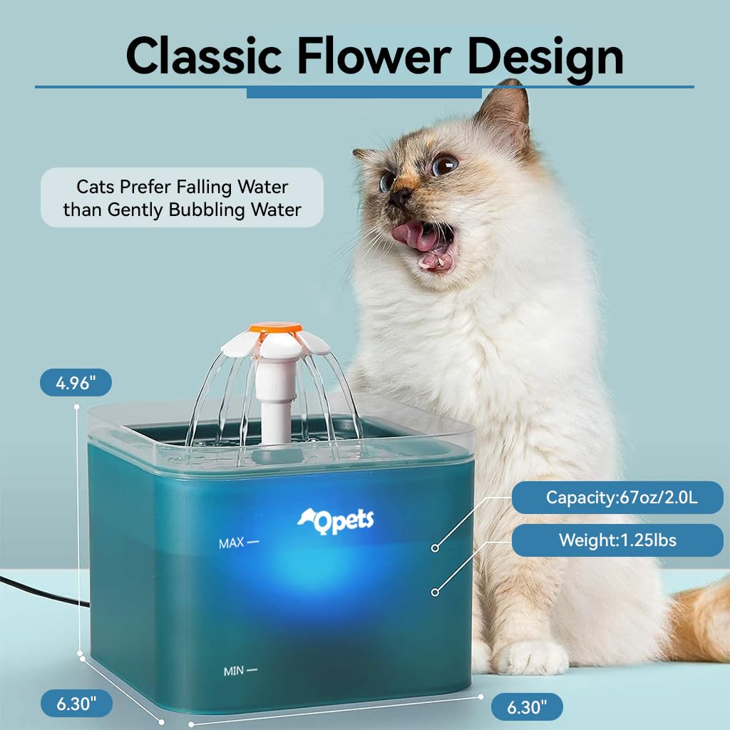 Qpets Cat Water Fountain with 2.2L Capacity and Ultra Silent Pump | Cute Flower Design Green