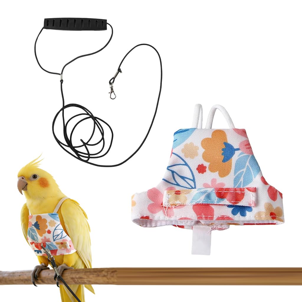 Qpets® Bird Harness and Leash Set for Parrots, Adjustable Escape-Proof Shoulder Strap Parrot Harness with Hook & Loop, 51 Inch Elastic Training Cord - Safe Flight Suit for Small Medium Birds, L