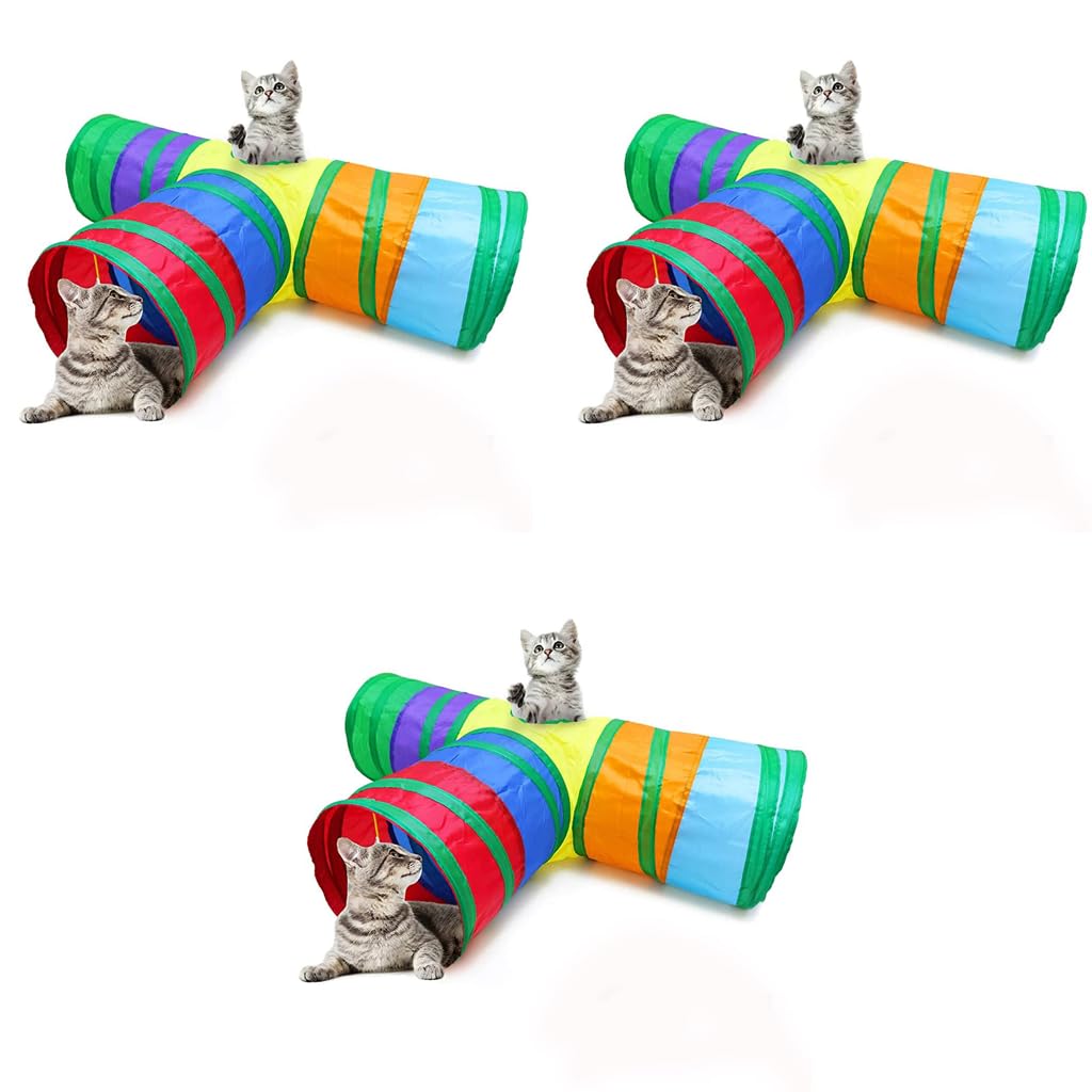 Qpets Cat Tunnel Toys for Indoor Play with 25 cm Diameter 80 cm Length and 3 Way Foldable Design | Rainbow Crinkle Tube for Kittens and Puppies