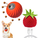 Qpets Dog Treat Ball for Interactive Play and Mental Stimulation with 500mAh Battery | TPU Dispenser featuring Crochet Strawberry Cover