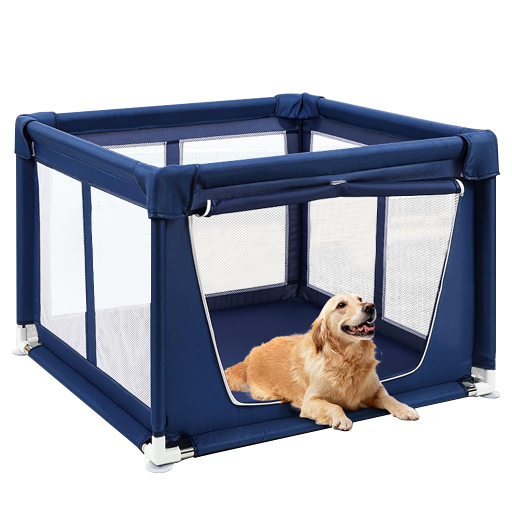 Qpets Playpen for Dogs with Zip Around Gate and Clear Mesh | 107x107x66cm Indoor Pet House