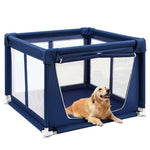 Qpets Playpen for Dogs with Zip Around Gate and Clear Mesh | 107x107x66cm Indoor Pet House