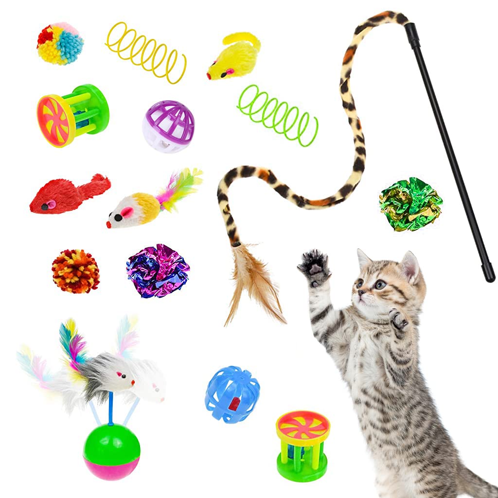 20 PCS Cat Toys for Kittens Set, Collapsible Cat Rainbow Tunnels for Indoor Cats, Family Set Cat Teaser Toy Cat Feather Toy Fluffy Mouse Crinkle Balls Toys for Cat Puppy Kitty