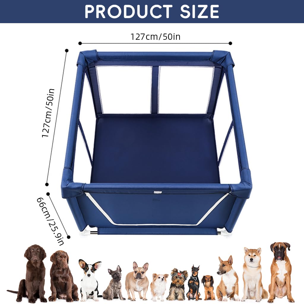 Qpets Playpen for Dogs with Zip Around Gate and Clear Mesh | 107x107x66cm Indoor Pet House