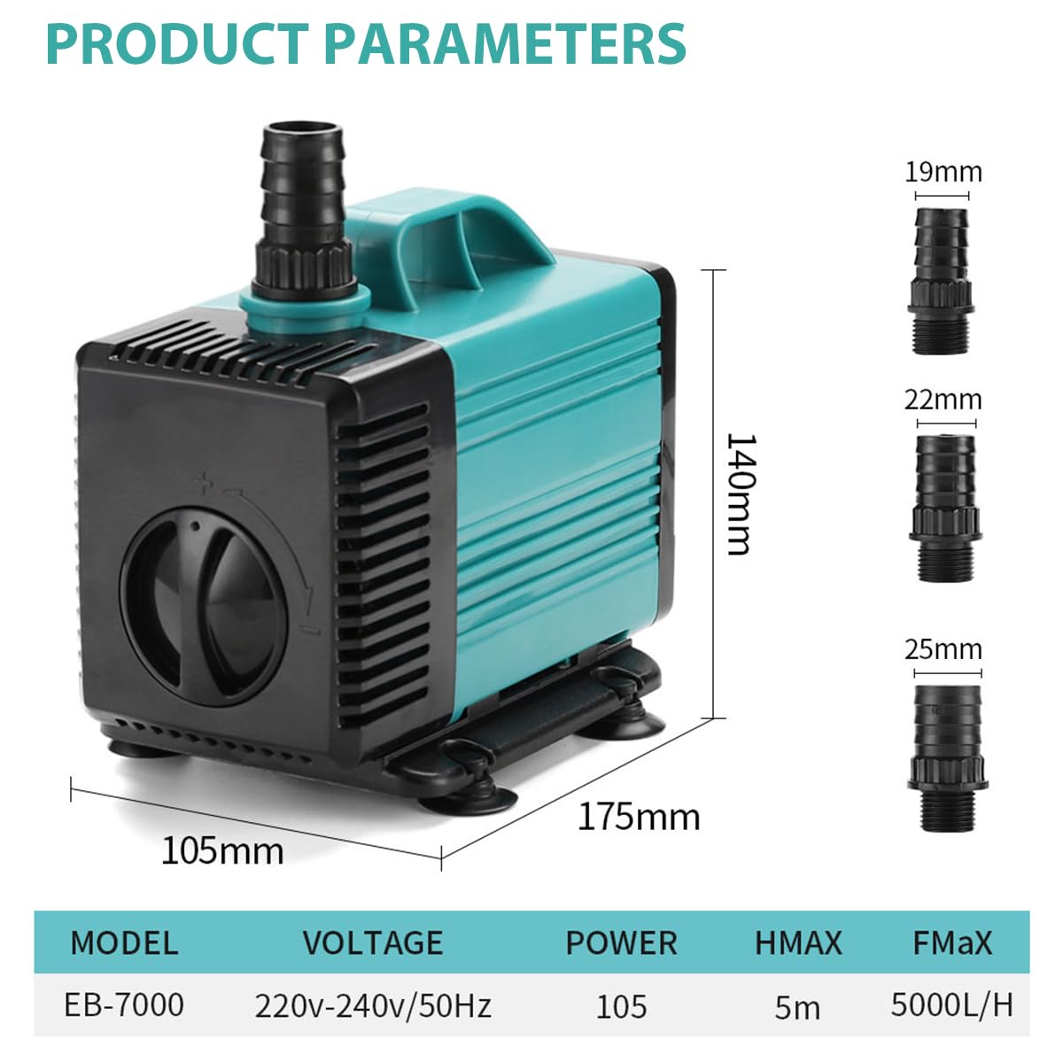 Qpets® 70W Submersible Water Pump Aquarium Water Pump for Water Changing 5000L/HSubmersible Water Pump with Bottom Suction Cups Submersible Water Pump for Fish Tank, Fountain