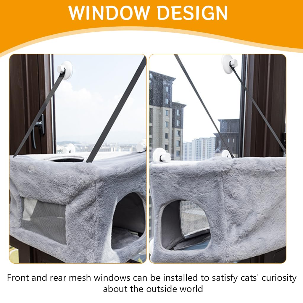 Qpets Cat Hanging Bed for Windows featuring Dual Hole Access and 4 Suction Cups | 31x50x28cm Plush Cat House