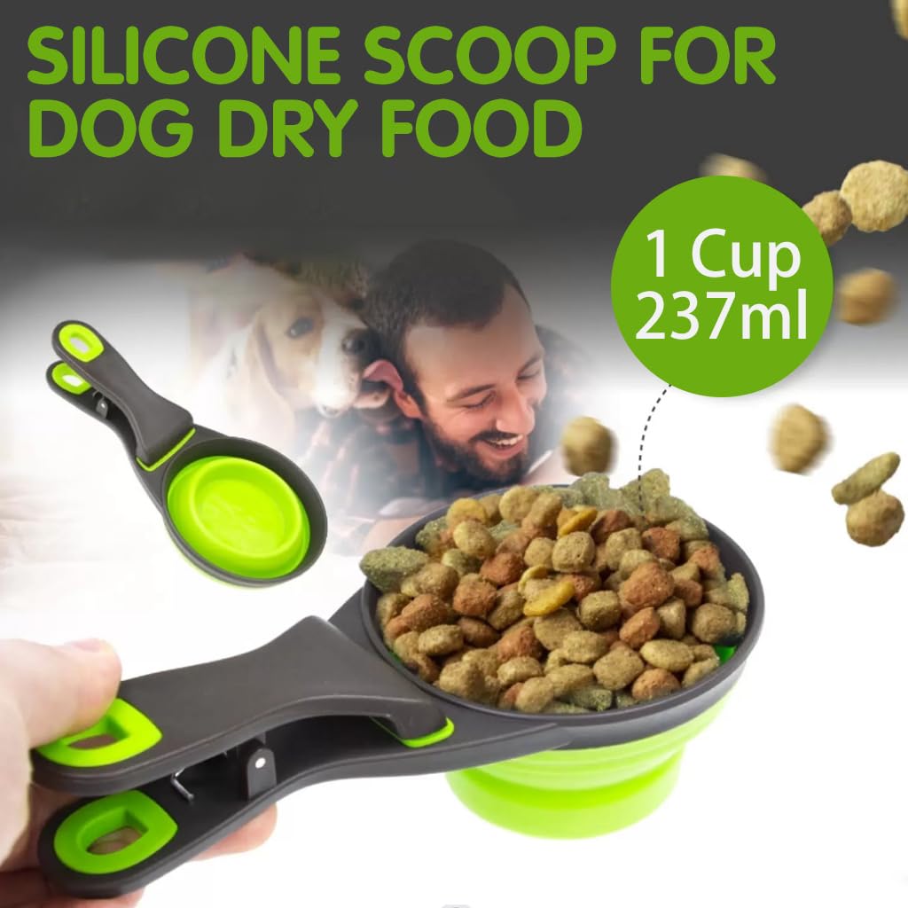 Qpets Silicone Dog Food Scoop for Feeding | 237ml Collapsible Bowl with Sealing Clip and Ergonomic Handle