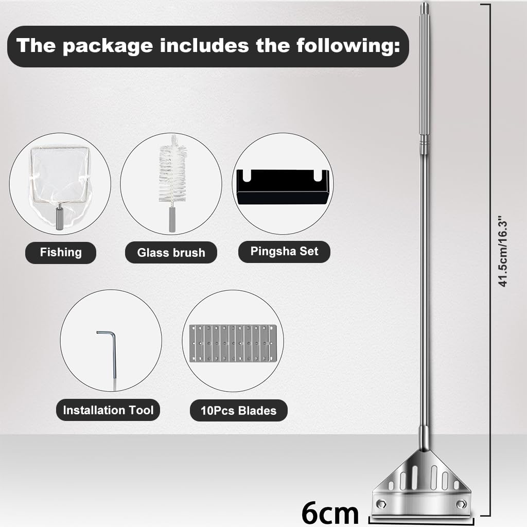 Qpets Aquarium Cleaning Tool with 16.5 in Stainless Steel Handle and 3 Attachments | Includes 10 Scraper Blades