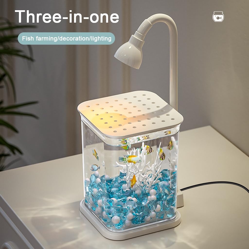 Qpets Betta Fish Tank for Desk and Countertop Use with Ventilated Roof and LED Light | Clear 11.7 x 13 x 14 cm PP Mini Aquarium