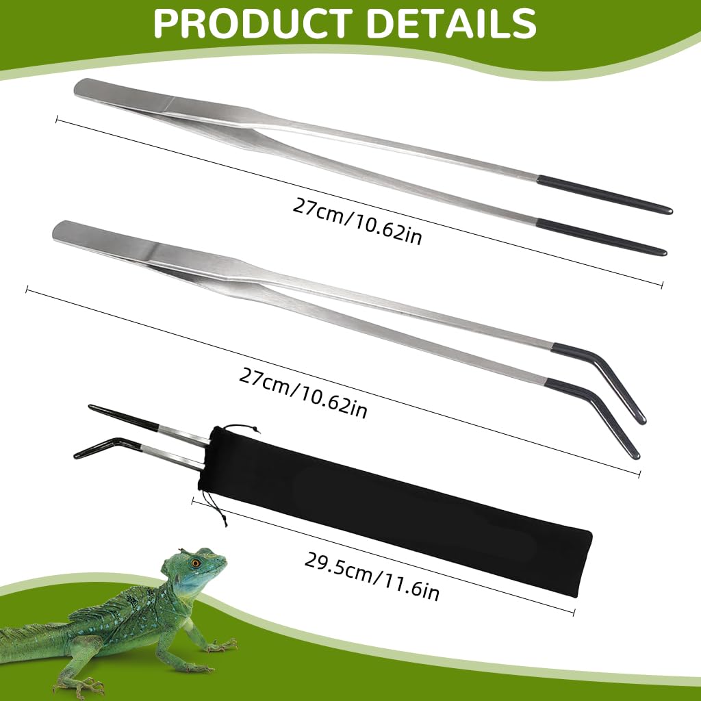 Qpets Feeding Tongs for Reptiles and Aquarium with 27cm Reach and Straight & Curved Tips | Stainless Steel with Rubber Sleeves