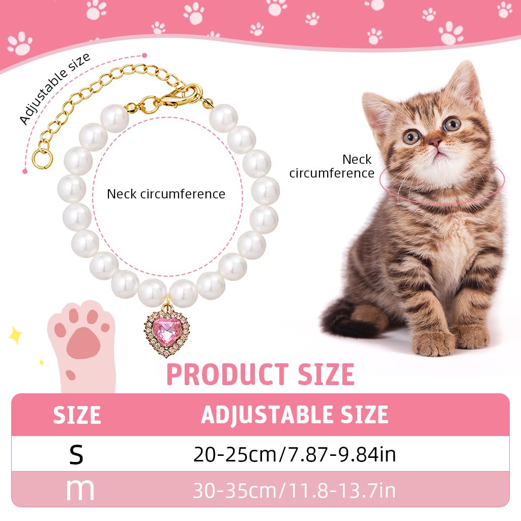 Qpets Jewelry Cat Collar with Pink Rhinestone Heart Charm and Pearls 3PCS 30–35CM | Valentine's Gift