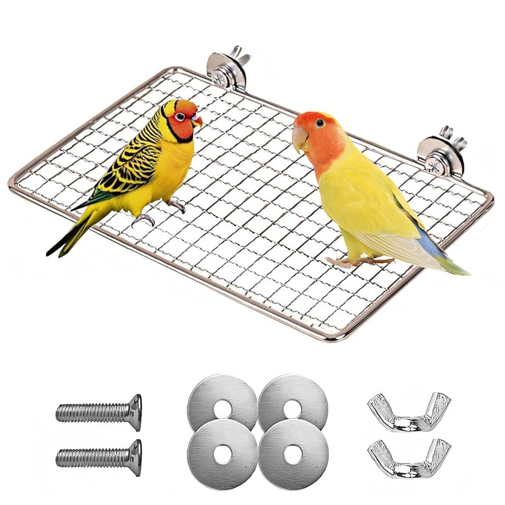Qpets Mesh Wire Bird Perch for Cage 20x15cm with Flexible Screw Fixing and Stainless Steel Platform
