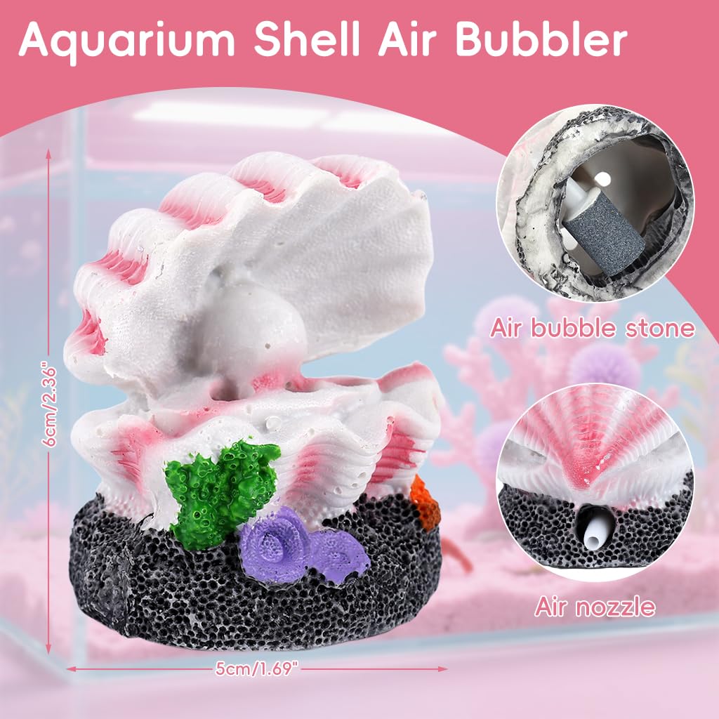Qpets Aquarium Ornament for Fish Tank with Bubble Stone Function 5x4.6x5.5cm Resin Decor | Dreamy Seashell Pearl Design