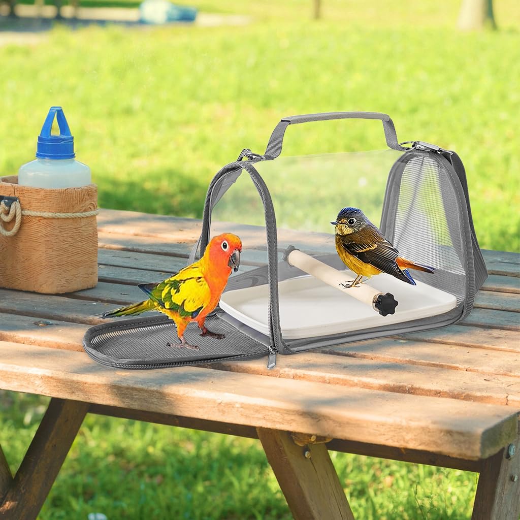 Qpets Parrot Carrier Bag for Travel with Ventilated Mesh and Transparent Window | PC and Nylon Pet Transport with Tray and Perch Stick