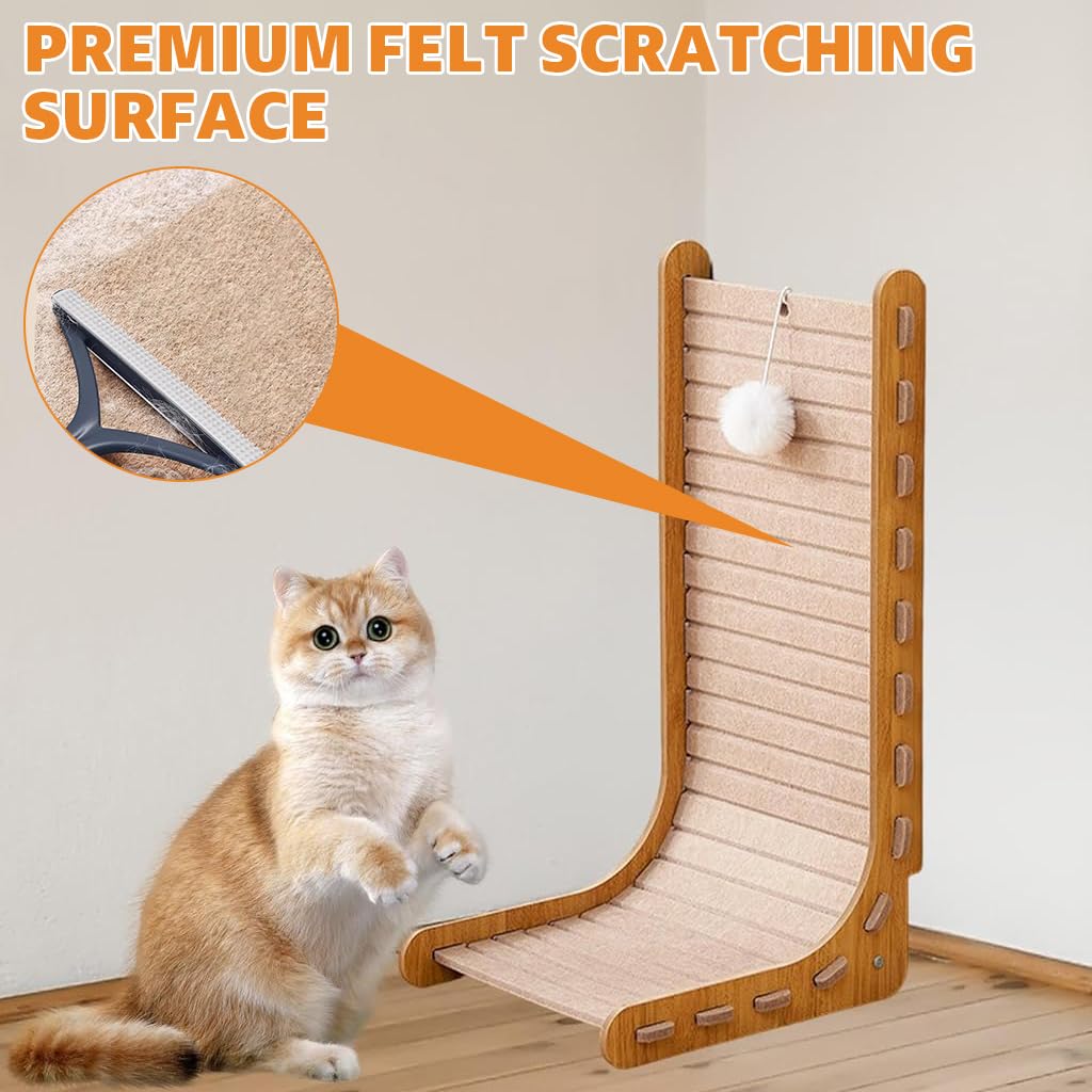 Qpets Cat Scratch Post for Furniture Protection with L Shaped Wooden Frame 30x33x60cm | Felt Surface and Plush Teasing Ball