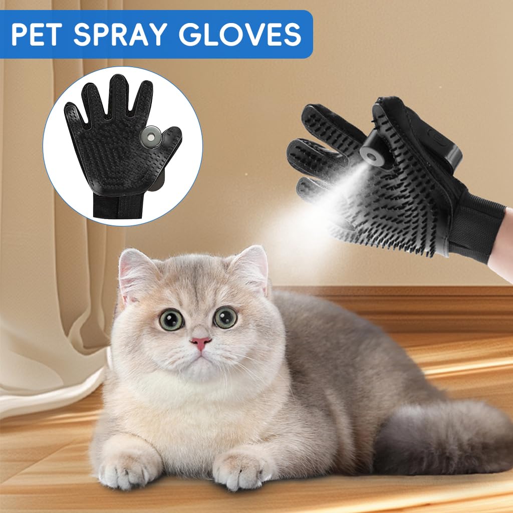 Qpets Pet Grooming Glove for Cats and Dogs with 15ml USB Rechargeable Mist Sprayer | Soft Silicone Bristles for Bathing and Shedding Control