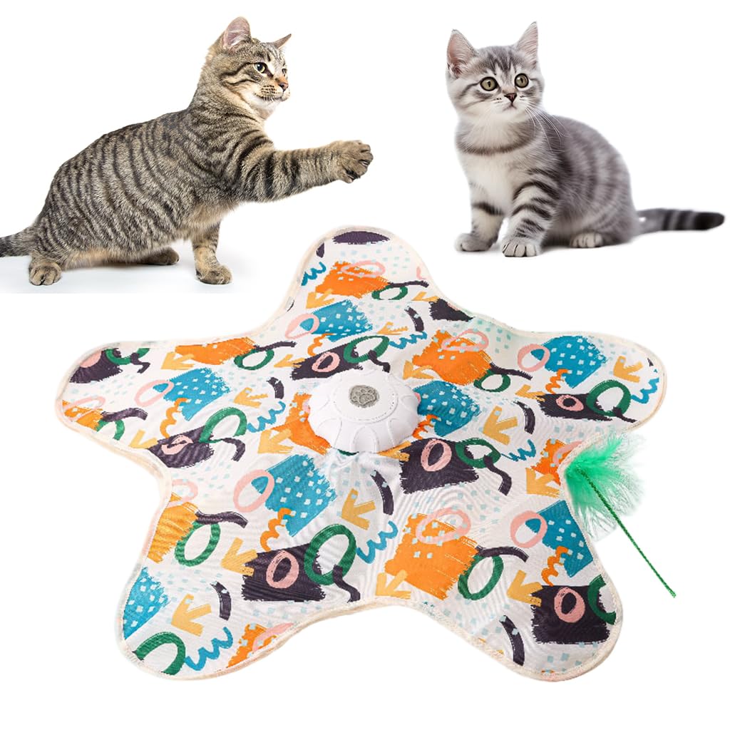 Qpets® Automatic Cat Toy with Hideaway Plush Cave, Motorized Rotating Feather & Butterfly Teaser - Interactive Cat Enrichment for Indoor Cats, Cozy Flower Mat, Pom-Pom Tails