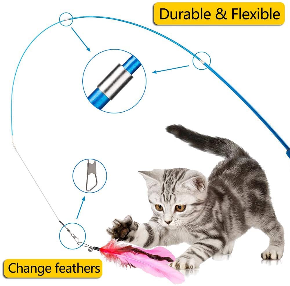 Cat Toys - Interactive 11 Piece Cat Toy Set with Retractable Teaser Wands and Feather Worm Toys - Kitten Toys Variety of Vibrant Colours - Activity Toys to Exercise Cats and Kittens