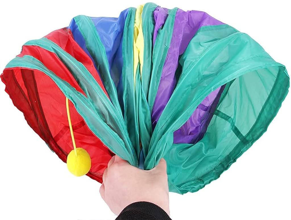 Qpets® Cat Toy Set of 5 with Teaser Wand, Mouse, Natural Feather Toys & 3 Way Rainbow Tunnel – Interactive Kitten Play Combo for Exercise, Training, Hiding, Indoor/Outdoor Cats & Kittens